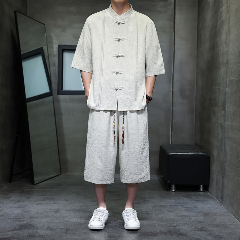 Nimara Ritual 2Pcs Summer Tang Style Frog Button Solid Elbow-Length Sleeve Shirt Cropped Pants Men's Meditation Cloth With Pockets