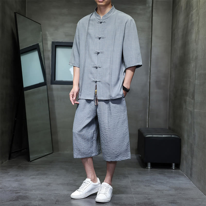 Nimara Ritual 2Pcs Summer Tang Style Frog Button Solid Elbow-Length Sleeve Shirt Cropped Pants Men's Meditation Cloth With Pockets