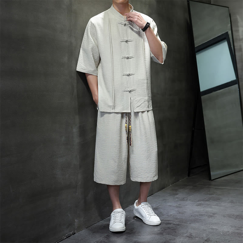 Nimara Ritual 2Pcs Summer Tang Style Frog Button Solid Elbow-Length Sleeve Shirt Cropped Pants Men's Meditation Cloth With Pockets