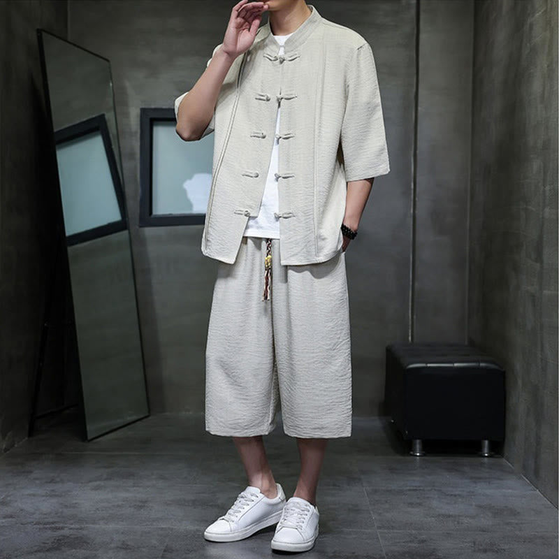 Nimara Ritual 2Pcs Summer Tang Style Frog Button Solid Elbow-Length Sleeve Shirt Cropped Pants Men's Meditation Cloth With Pockets