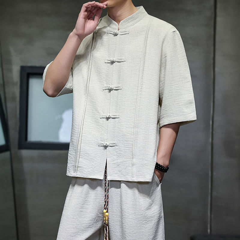 Nimara Ritual 2Pcs Summer Tang Style Frog Button Solid Elbow-Length Sleeve Shirt Cropped Pants Men's Meditation Cloth With Pockets