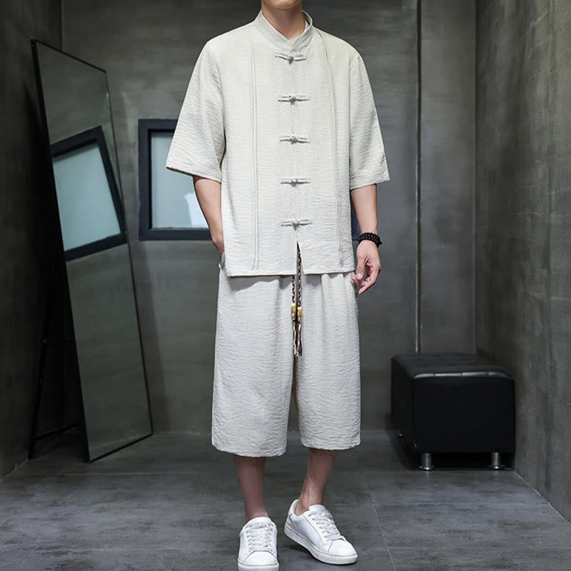 Nimara Ritual 2Pcs Summer Tang Style Frog Button Solid Elbow-Length Sleeve Shirt Cropped Pants Men's Meditation Cloth With Pockets