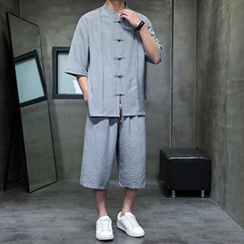 Nimara Ritual 2Pcs Summer Tang Style Frog Button Solid Elbow-Length Sleeve Shirt Cropped Pants Men's Meditation Cloth With Pockets
