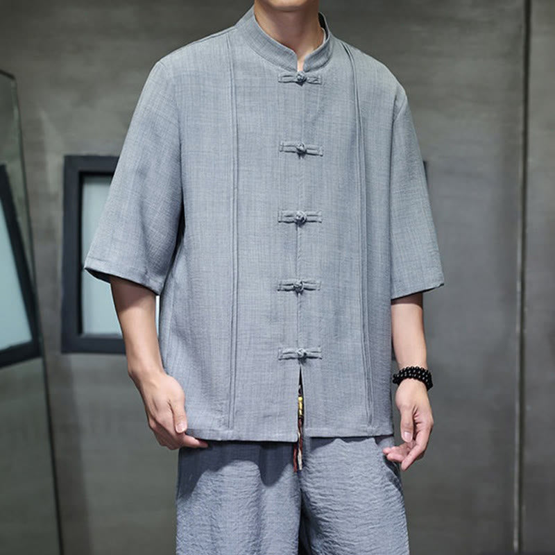 Nimara Ritual 2Pcs Summer Tang Style Frog Button Solid Elbow-Length Sleeve Shirt Cropped Pants Men's Meditation Cloth With Pockets