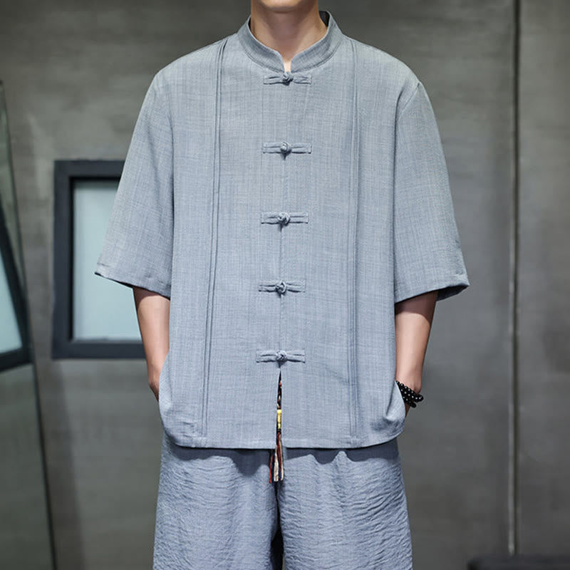 Nimara Ritual 2Pcs Summer Tang Style Frog Button Solid Elbow-Length Sleeve Shirt Cropped Pants Men's Meditation Cloth With Pockets