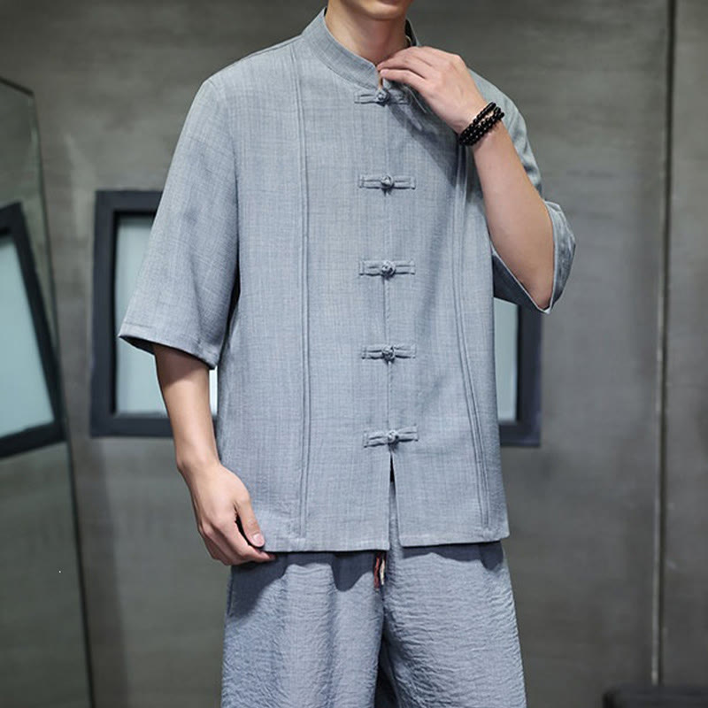 Nimara Ritual 2Pcs Summer Tang Style Frog Button Solid Elbow-Length Sleeve Shirt Cropped Pants Men's Meditation Cloth With Pockets