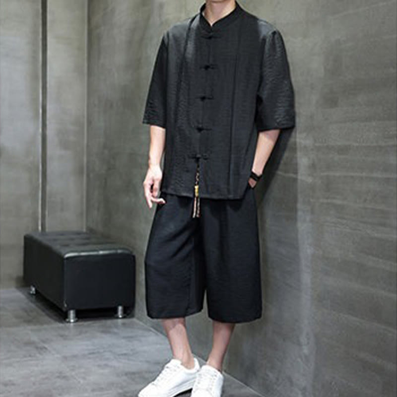 Nimara Ritual 2Pcs Summer Tang Style Frog Button Solid Elbow-Length Sleeve Shirt Cropped Pants Men's Meditation Cloth With Pockets