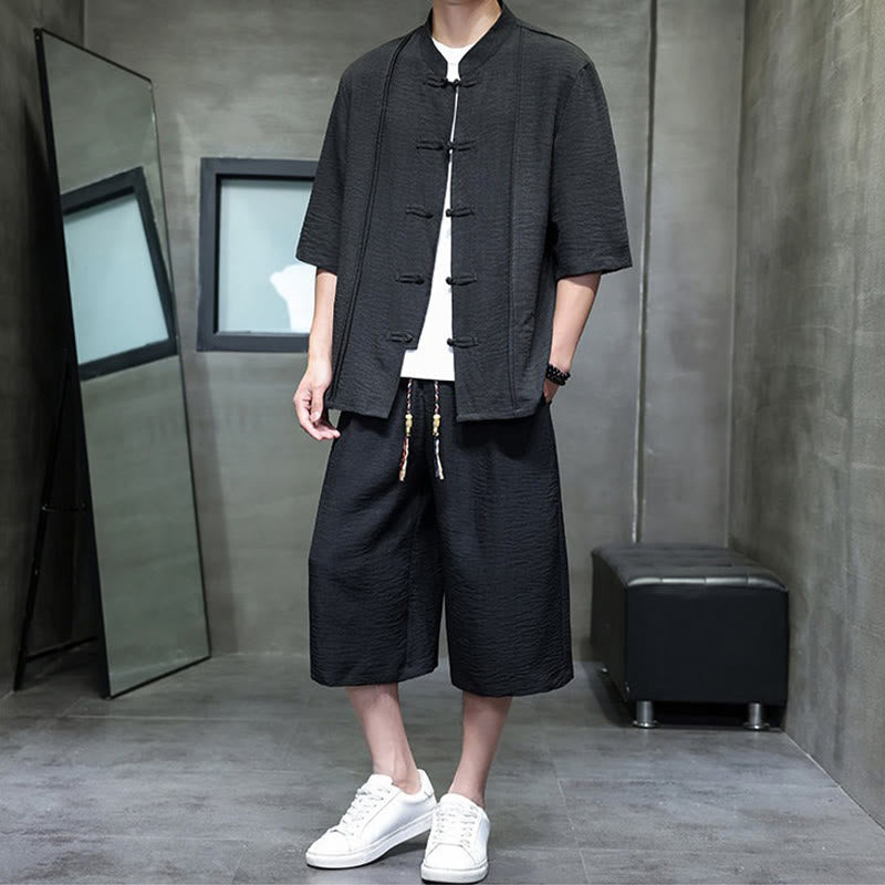 Nimara Ritual 2Pcs Summer Tang Style Frog Button Solid Elbow-Length Sleeve Shirt Cropped Pants Men's Meditation Cloth With Pockets