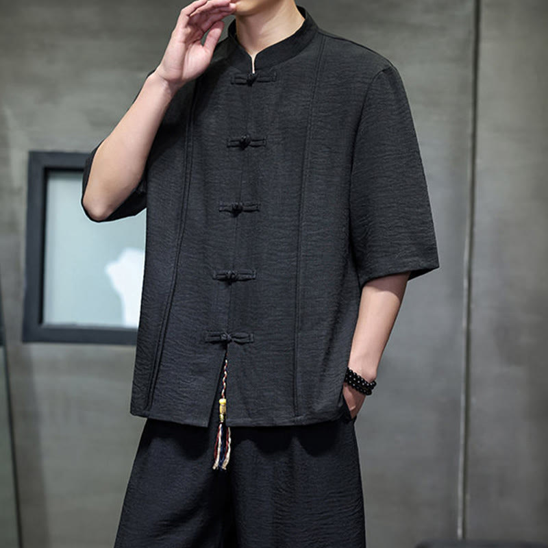 Nimara Ritual 2Pcs Summer Tang Style Frog Button Solid Elbow-Length Sleeve Shirt Cropped Pants Men's Meditation Cloth With Pockets