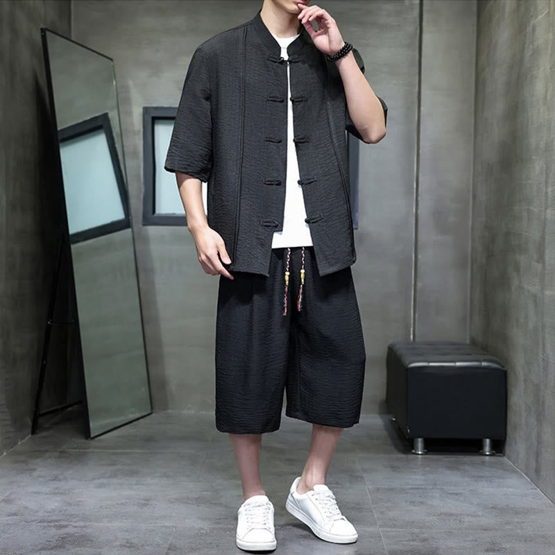 Nimara Ritual 2Pcs Summer Tang Style Frog Button Solid Elbow-Length Sleeve Shirt Cropped Pants Men's Meditation Cloth With Pockets