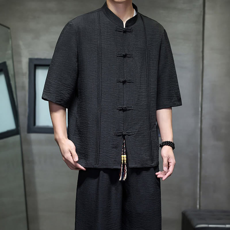 Nimara Ritual 2Pcs Summer Tang Style Frog Button Solid Elbow-Length Sleeve Shirt Cropped Pants Men's Meditation Cloth With Pockets