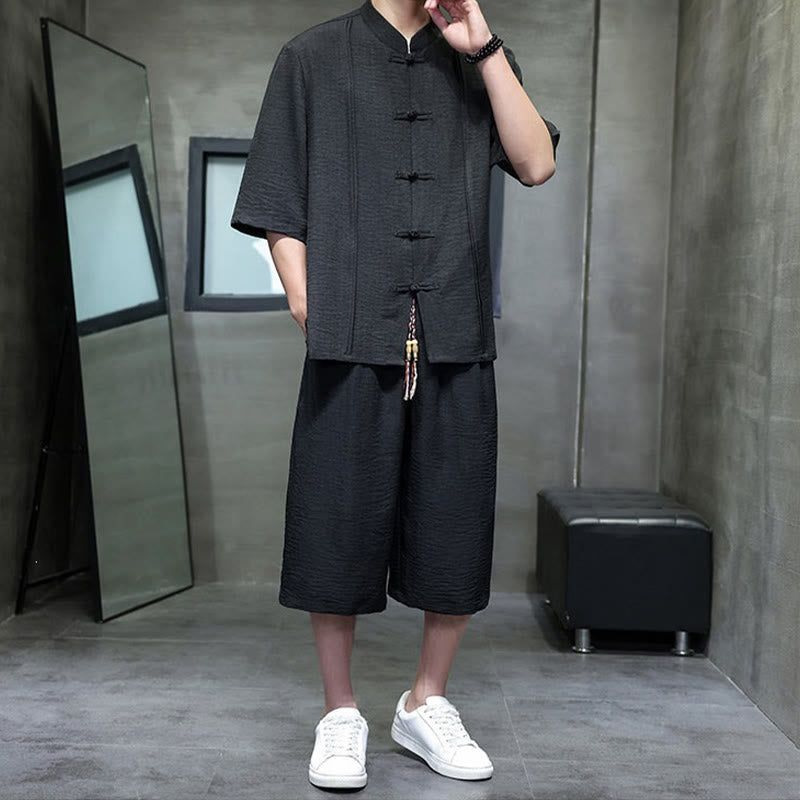Nimara Ritual 2Pcs Summer Tang Style Frog Button Solid Elbow-Length Sleeve Shirt Cropped Pants Men's Meditation Cloth With Pockets