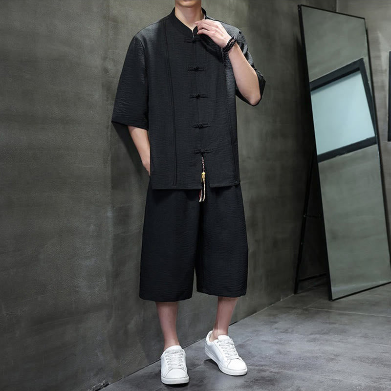 Nimara Ritual 2Pcs Summer Tang Style Frog Button Solid Elbow-Length Sleeve Shirt Cropped Pants Men's Meditation Cloth With Pockets