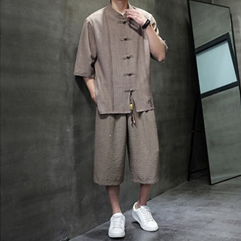 Nimara Ritual 2Pcs Summer Tang Style Frog Button Solid Elbow-Length Sleeve Shirt Cropped Pants Men's Meditation Cloth With Pockets
