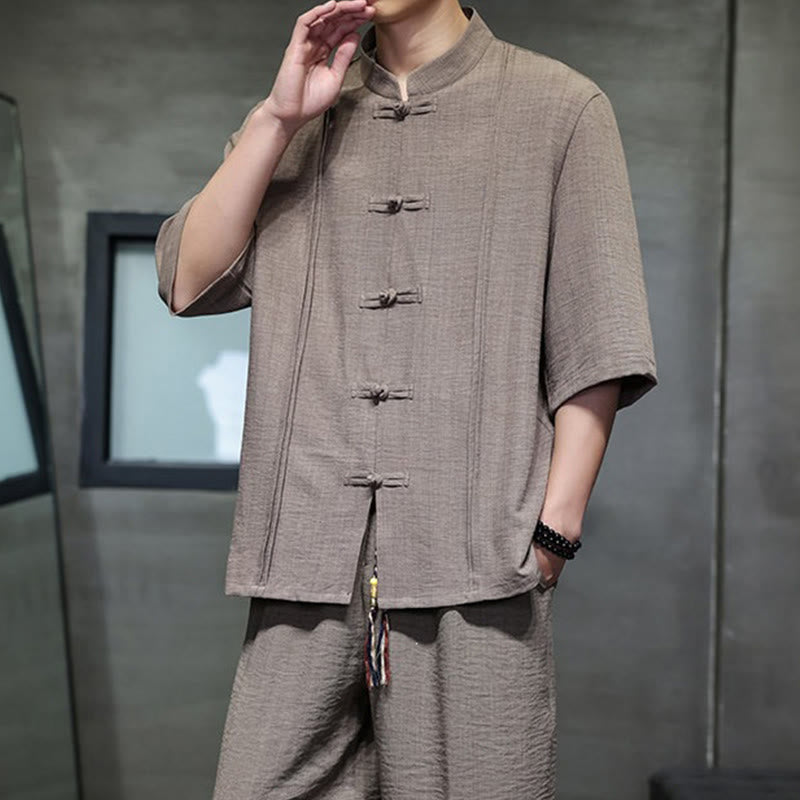 Nimara Ritual 2Pcs Summer Tang Style Frog Button Solid Elbow-Length Sleeve Shirt Cropped Pants Men's Meditation Cloth With Pockets