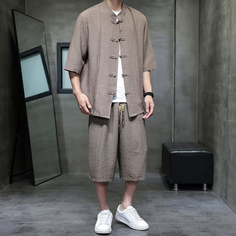 Nimara Ritual 2Pcs Summer Tang Style Frog Button Solid Elbow-Length Sleeve Shirt Cropped Pants Men's Meditation Cloth With Pockets
