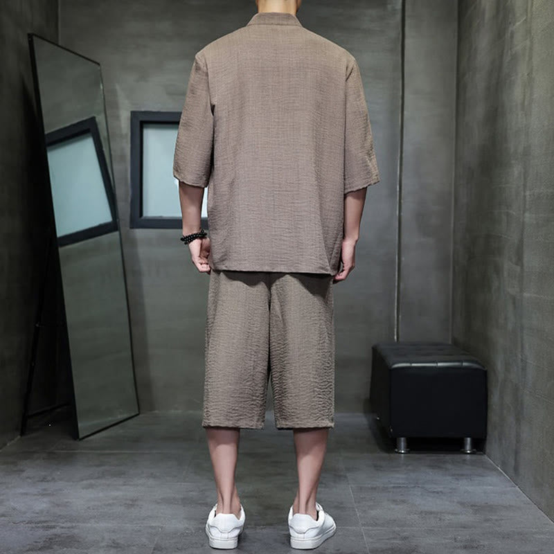 Nimara Ritual 2Pcs Summer Tang Style Frog Button Solid Elbow-Length Sleeve Shirt Cropped Pants Men's Meditation Cloth With Pockets