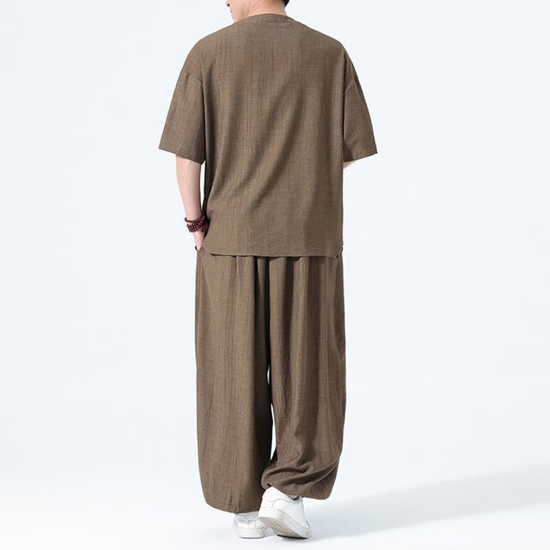 Nimara Ritual 2Pcs Summer Tang Style Frog Button Solid Short Sleeve Shirt Harem Pants Men's Meditation Cloth With Pockets