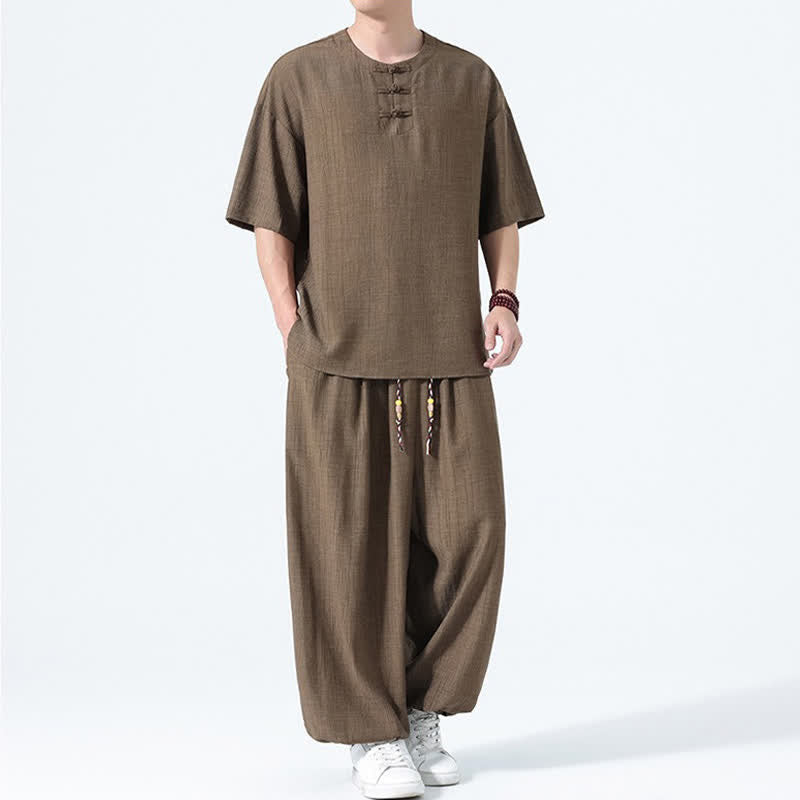Nimara Ritual 2Pcs Summer Tang Style Frog Button Solid Short Sleeve Shirt Harem Pants Men's Meditation Cloth With Pockets
