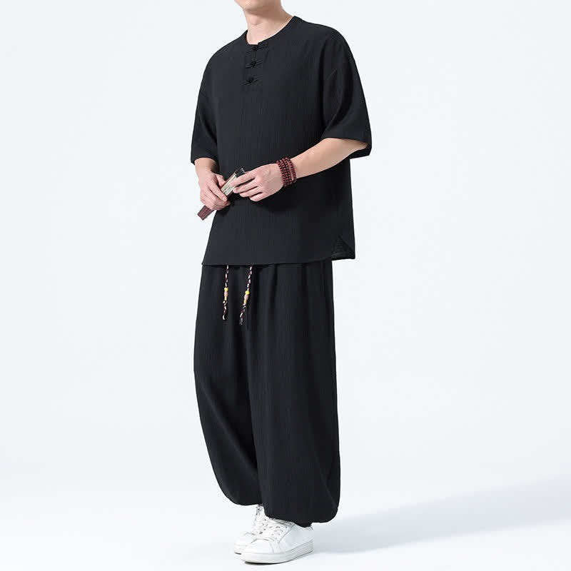 Nimara Ritual 2Pcs Summer Tang Style Frog Button Solid Short Sleeve Shirt Harem Pants Men's Meditation Cloth With Pockets
