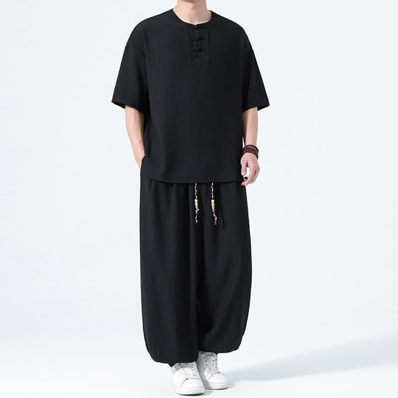 Nimara Ritual 2Pcs Summer Tang Style Frog Button Solid Short Sleeve Shirt Harem Pants Men's Meditation Cloth With Pockets