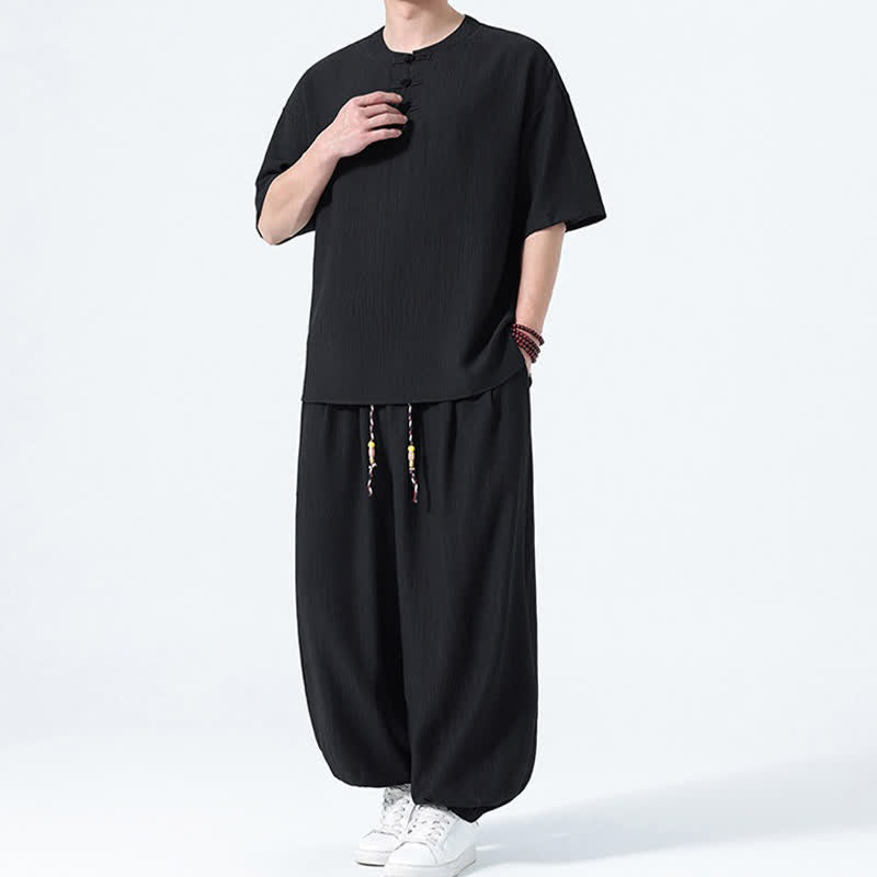 Nimara Ritual 2Pcs Summer Tang Style Frog Button Solid Short Sleeve Shirt Harem Pants Men's Meditation Cloth With Pockets
