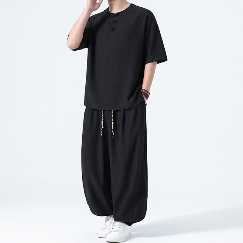 Nimara Ritual 2Pcs Summer Tang Style Frog Button Solid Short Sleeve Shirt Harem Pants Men's Meditation Cloth With Pockets