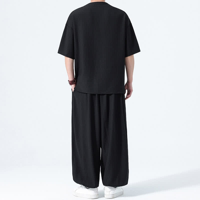 Nimara Ritual 2Pcs Summer Tang Style Frog Button Solid Short Sleeve Shirt Harem Pants Men's Meditation Cloth With Pockets