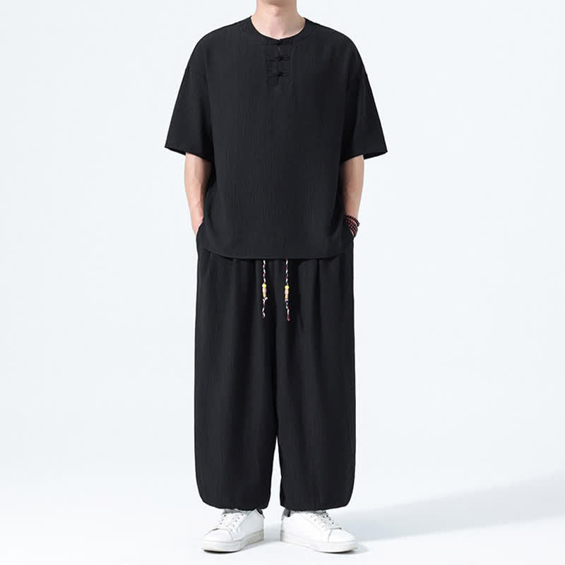 Nimara Ritual 2Pcs Summer Tang Style Frog Button Solid Short Sleeve Shirt Harem Pants Men's Meditation Cloth With Pockets