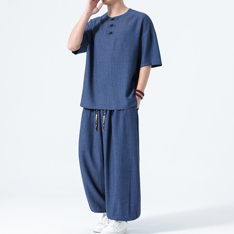 Nimara Ritual 2Pcs Summer Tang Style Frog Button Solid Short Sleeve Shirt Harem Pants Men's Meditation Cloth With Pockets