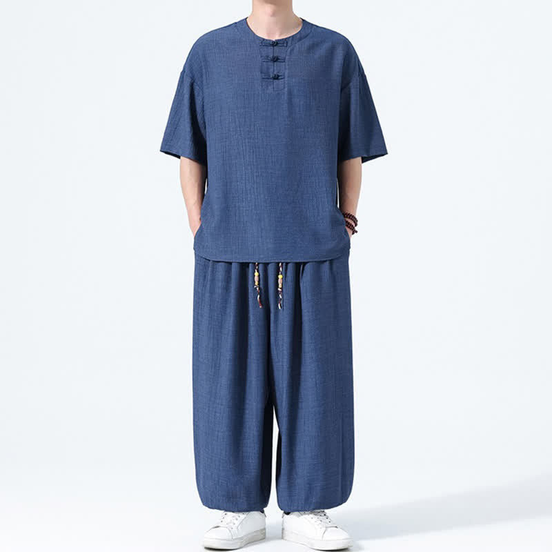 Nimara Ritual 2Pcs Summer Tang Style Frog Button Solid Short Sleeve Shirt Harem Pants Men's Meditation Cloth With Pockets