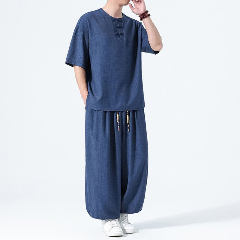 Nimara Ritual 2Pcs Summer Tang Style Frog Button Solid Short Sleeve Shirt Harem Pants Men's Meditation Cloth With Pockets
