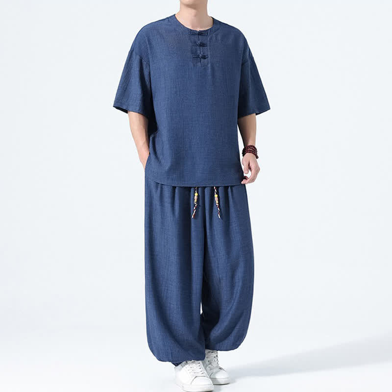 Nimara Ritual 2Pcs Summer Tang Style Frog Button Solid Short Sleeve Shirt Harem Pants Men's Meditation Cloth With Pockets