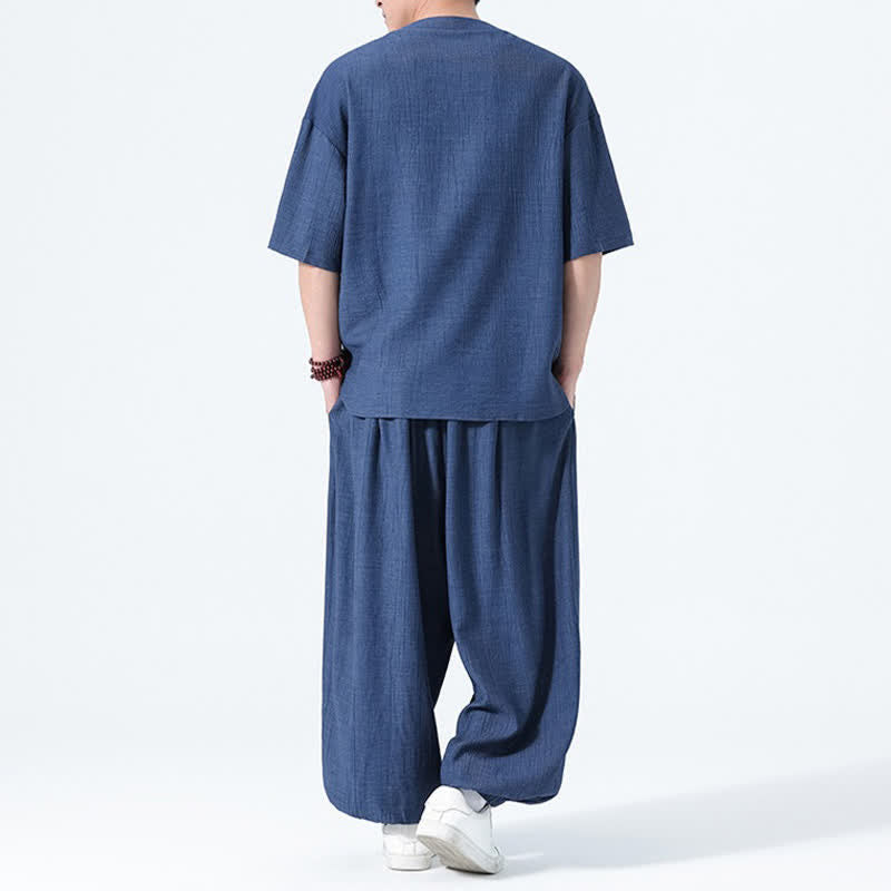 Nimara Ritual 2Pcs Summer Tang Style Frog Button Solid Short Sleeve Shirt Harem Pants Men's Meditation Cloth With Pockets