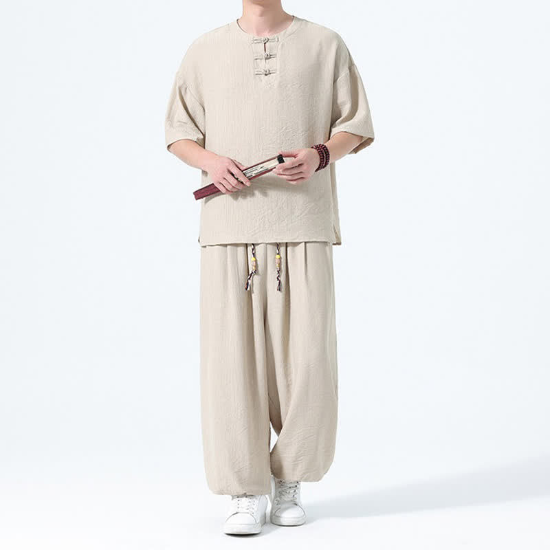 Nimara Ritual 2Pcs Summer Tang Style Frog Button Solid Short Sleeve Shirt Harem Pants Men's Meditation Cloth With Pockets