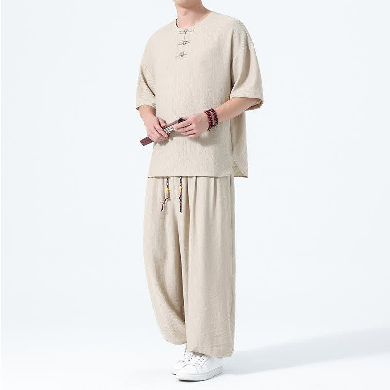 Nimara Ritual 2Pcs Summer Tang Style Frog Button Solid Short Sleeve Shirt Harem Pants Men's Meditation Cloth With Pockets