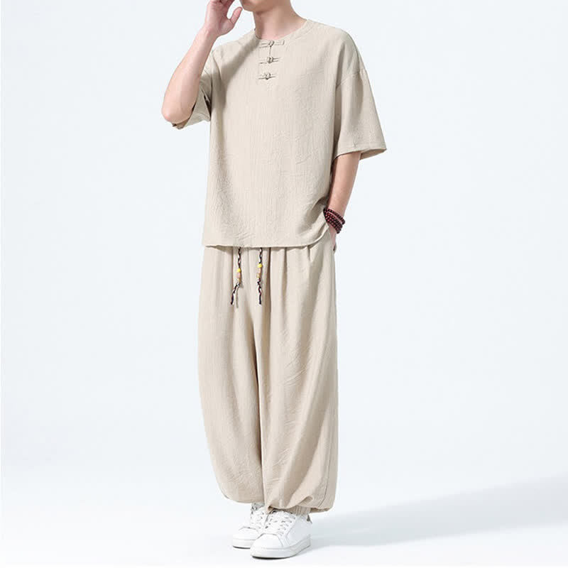 Nimara Ritual 2Pcs Summer Tang Style Frog Button Solid Short Sleeve Shirt Harem Pants Men's Meditation Cloth With Pockets
