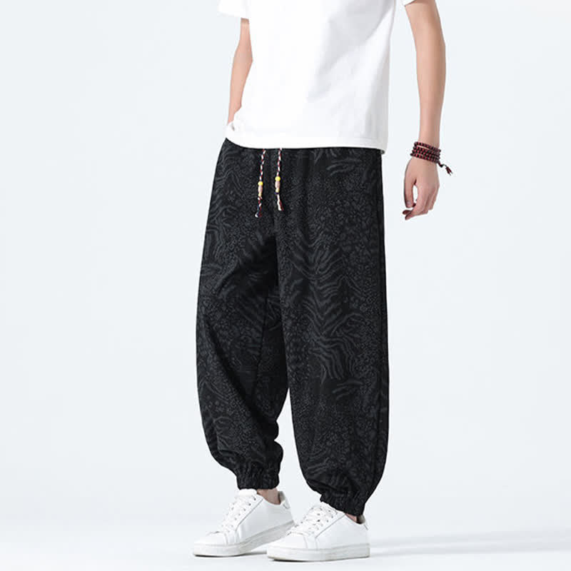 Nimara Ritual Spring Summer Casual Boho Drawstring Leopard Cropped Pants Men's Harem Pants With Pockets