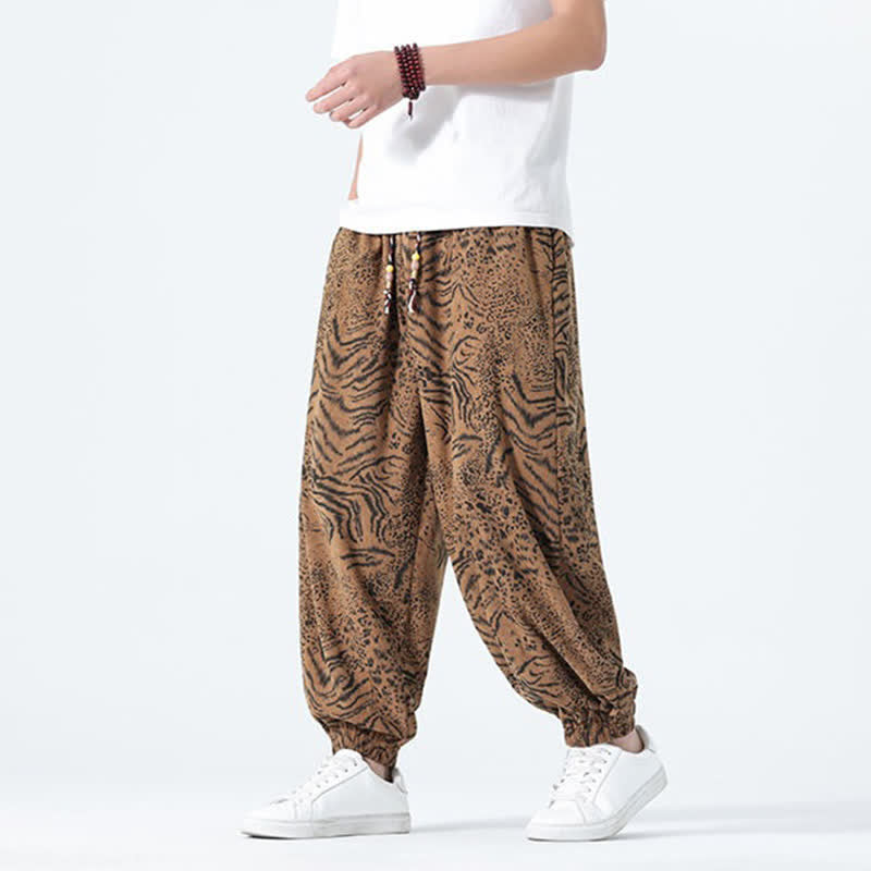 Nimara Ritual Spring Summer Casual Boho Drawstring Leopard Cropped Pants Men's Harem Pants With Pockets