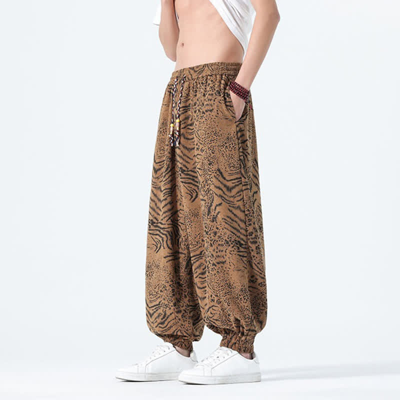 Nimara Ritual Spring Summer Casual Boho Drawstring Leopard Cropped Pants Men's Harem Pants With Pockets