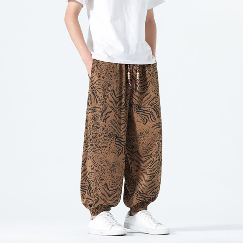 Nimara Ritual Spring Summer Casual Boho Drawstring Leopard Cropped Pants Men's Harem Pants With Pockets