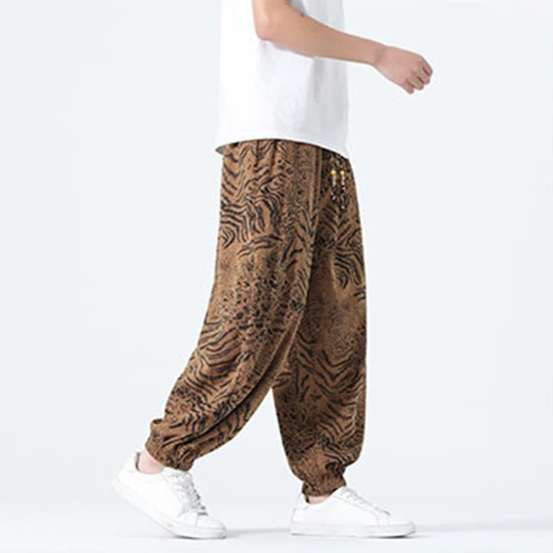 Nimara Ritual Spring Summer Casual Boho Drawstring Leopard Cropped Pants Men's Harem Pants With Pockets