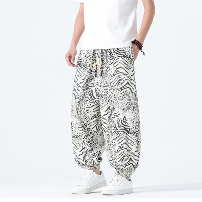 Nimara Ritual Spring Summer Casual Boho Drawstring Leopard Cropped Pants Men's Harem Pants With Pockets