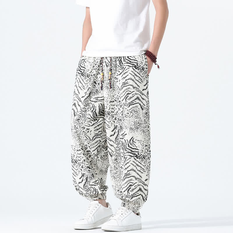 Nimara Ritual Spring Summer Casual Boho Drawstring Leopard Cropped Pants Men's Harem Pants With Pockets