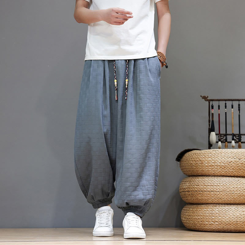 Nimara Ritual Summer Casual Drawstring Solid Woven Rattan Texture Pattern Ankle Pants Men's Harem Pants With Pocket