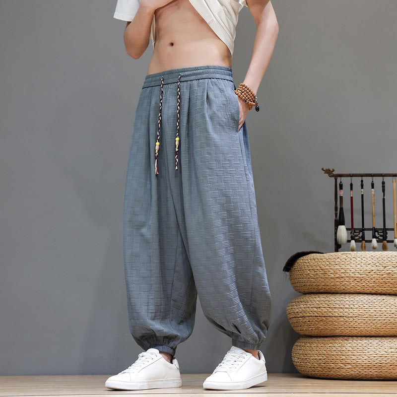 Nimara Ritual Summer Casual Drawstring Solid Woven Rattan Texture Pattern Ankle Pants Men's Harem Pants With Pocket