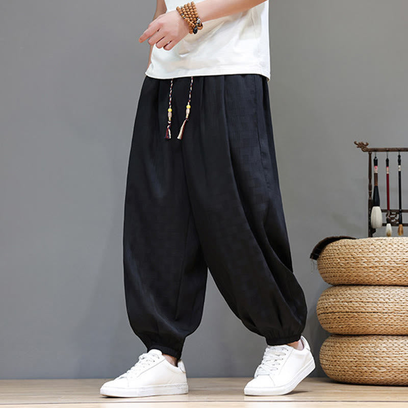 Nimara Ritual Summer Casual Drawstring Solid Woven Rattan Texture Pattern Ankle Pants Men's Harem Pants With Pocket