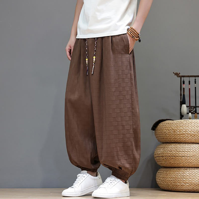 Nimara Ritual Summer Casual Drawstring Solid Woven Rattan Texture Pattern Ankle Pants Men's Harem Pants With Pocket