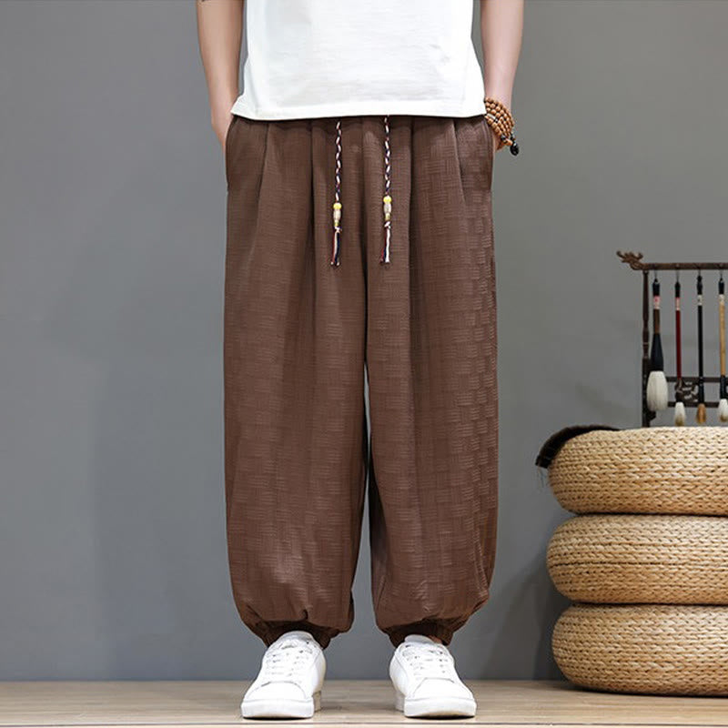 Nimara Ritual Summer Casual Drawstring Solid Woven Rattan Texture Pattern Ankle Pants Men's Harem Pants With Pocket