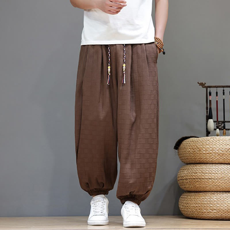 Nimara Ritual Summer Casual Drawstring Solid Woven Rattan Texture Pattern Ankle Pants Men's Harem Pants With Pocket